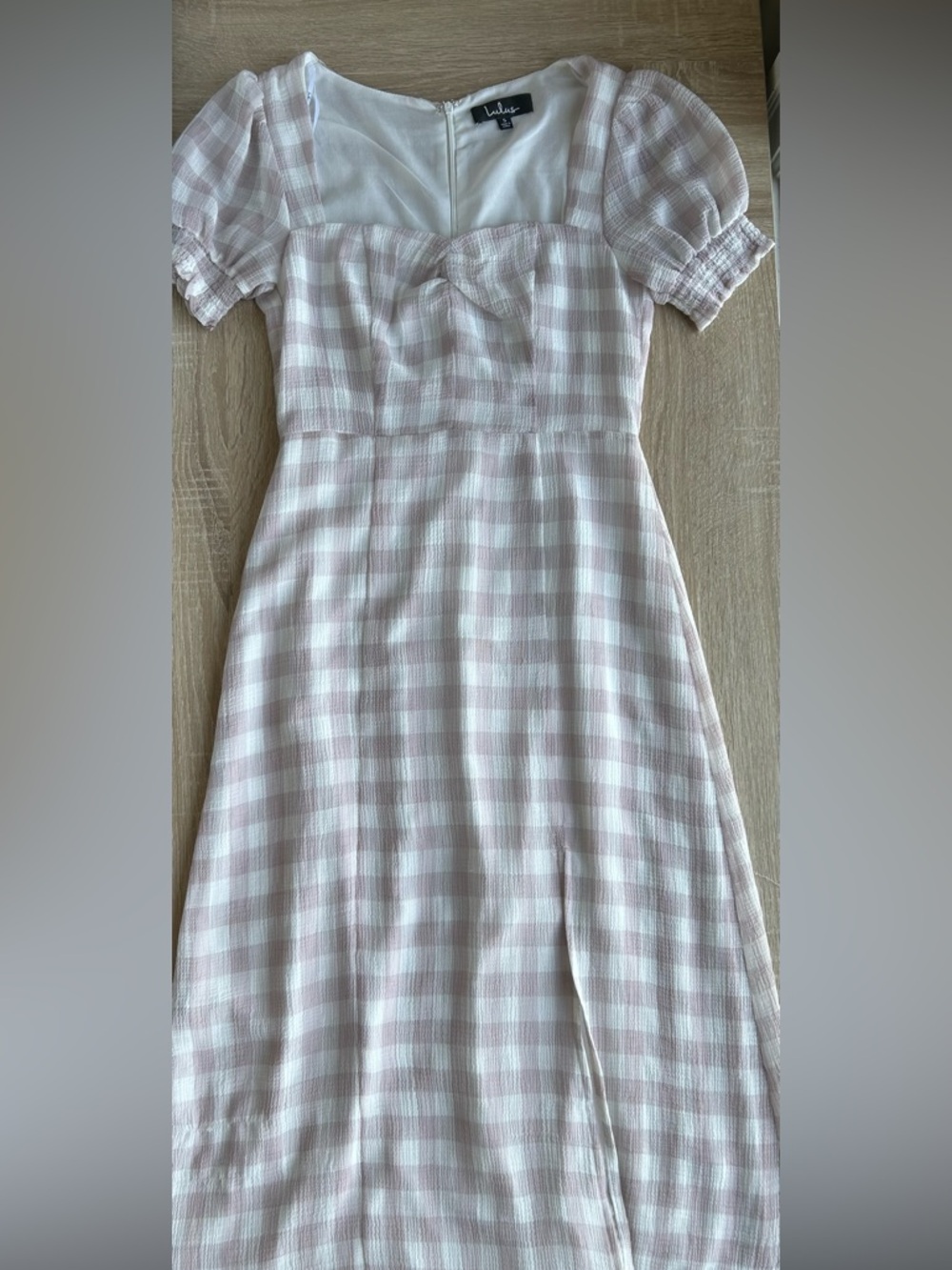 Lulus Pink Gingham Midi Dress with Puff Sleeves A line - Picture 5 of 7